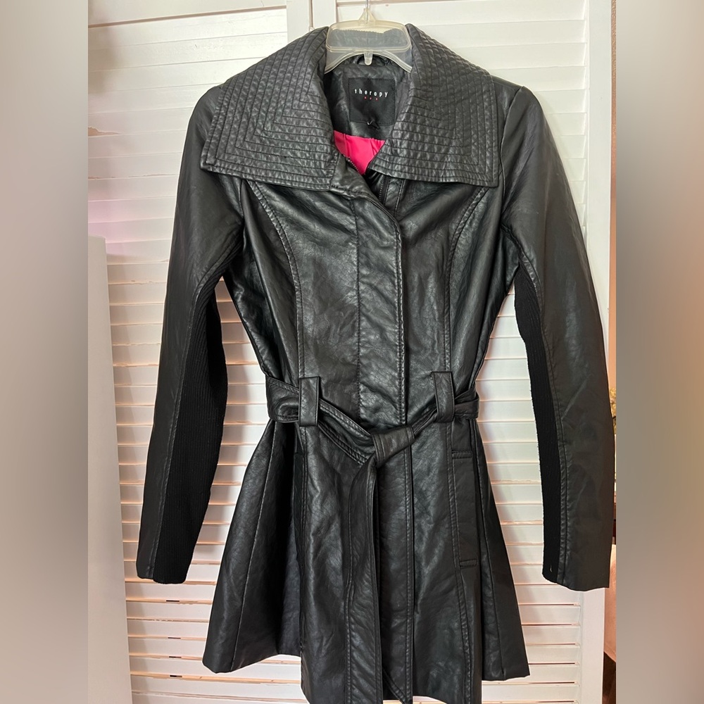 Women's Black Faux Leather Trench Coat with Belt Size in Small EUC